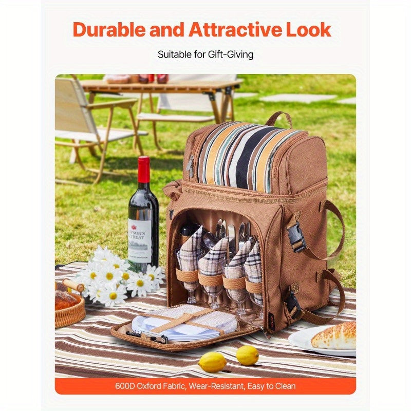 4-Person Beach Picnic Backpack with Cooler Compartment, Multiple Compartments & Detachable Cooler Bag - Includes Utensils, Plates, Napkins, Wine Bottle Holder - Durable Brown Striped Design for Outdoor, Camping, Family Outings
