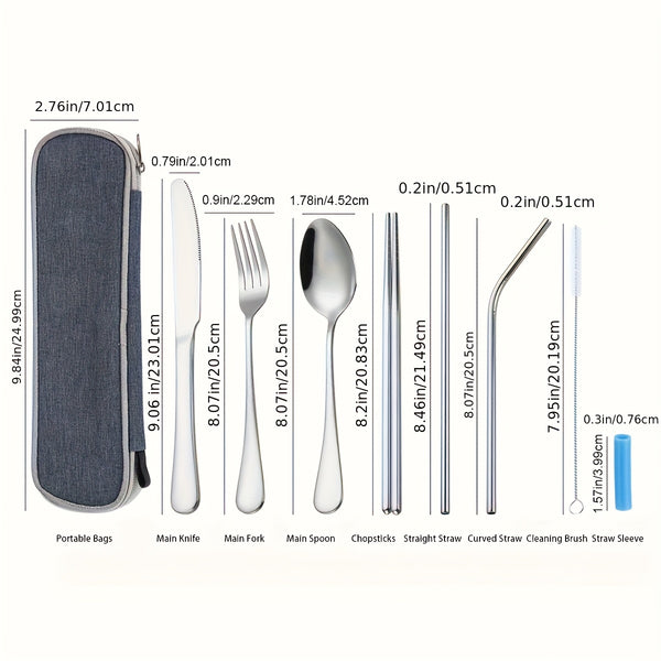 36pcs Portable Stainless Steel Flatware Set, Travel Camping Utensils Set, Portable Cutlery Travel Silverware Dinnerware Set With A Waterproof Storage Case, Lightweight Kitchen Accessories, Fork, Spoon, Knife, Chopstick, Straw, Brush, Tip
