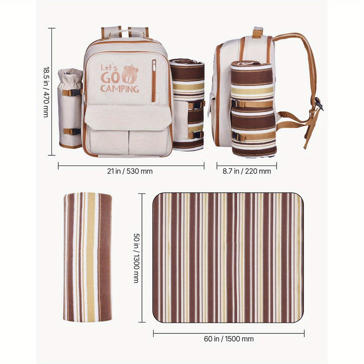 4-Person Insulated Picnic Backpack with Cooler Compartment, Detachable Bottle\u002FWine Holders & Lightweight Blanket - Beige Outdoor Backpack with Plates & Cutlery Set for Camping, Hiking, Beach - Adjustable Shoulder Straps, Multiple Pockets