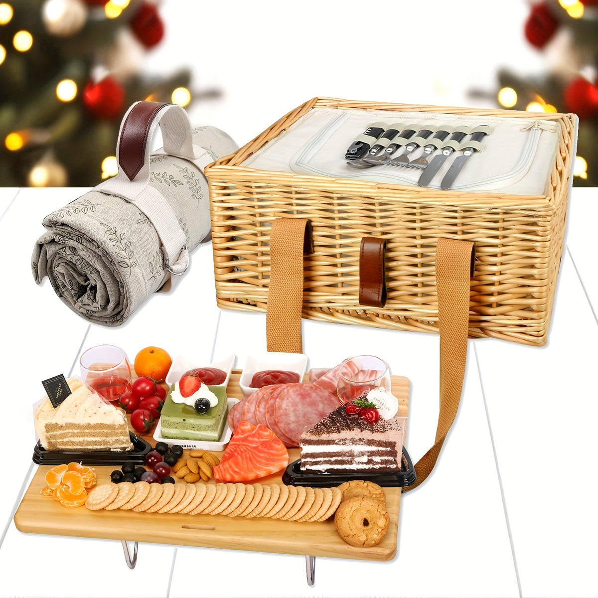 Free picnic mat Wicker Picnic Basket for 4 with Mini Folding Wine Picnic Table & Large Insulated Cooler Bag & Cutlery Service Kits for 4 Person, Couples Gifts, Wedding Gifts (Y908.27-1.57inch), Picnic Accessories, Picnic Backpacks, Durable Wicker Construc