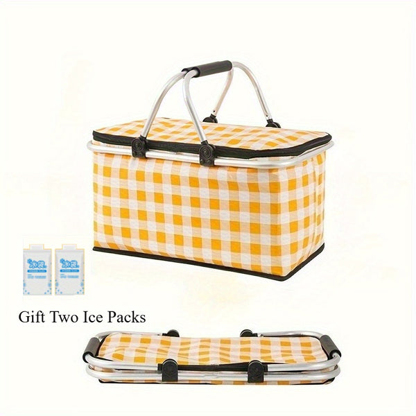 Gift Two Ice Packs1pcs Portable Outdoor Picnic Insulation Bag-Durable, Foldable, Insulated Food Storage Basket with Easy Carry Handle for Camping, Travel, and Outdoor Adventures