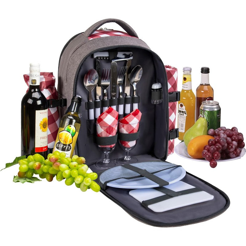 All-in-One 2-Person Picnic Backpack Set with Cooler Compartment, Detachable Wine\u002FBottle Holder & Complete Cutlery\u002FPlate Set + Fleece Blanket (45\
