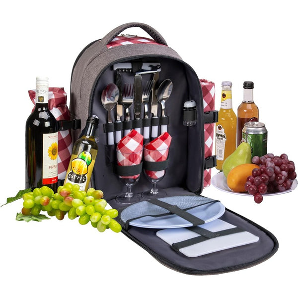 All-in-One 2-Person Picnic Backpack Set with Cooler Compartment, Detachable Wine\u002FBottle Holder & Complete Cutlery\u002FPlate Set + Fleece Blanket (45\