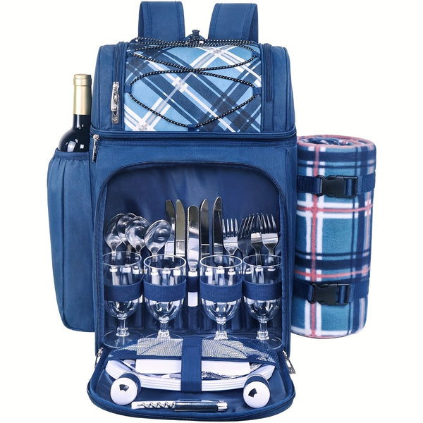 Free Fleece Blanket Included 2-4 Person Picnic Basket Backpack With Insulated, Leak-proof, Cooler Compartment, Wine Rack, Fleece Blanket, And Cutlery Set. Suitable For Both Men And Women. Perfect Thanksgiving, Christmas, And New Year'S Gift.