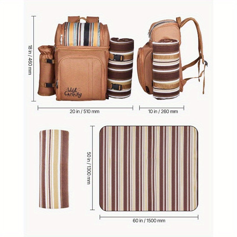 4-Person Beach Picnic Backpack with Cooler Compartment, Multiple Compartments & Detachable Cooler Bag - Includes Utensils, Plates, Napkins, Wine Bottle Holder - Durable Brown Striped Design for Outdoor, Camping, Family Outings