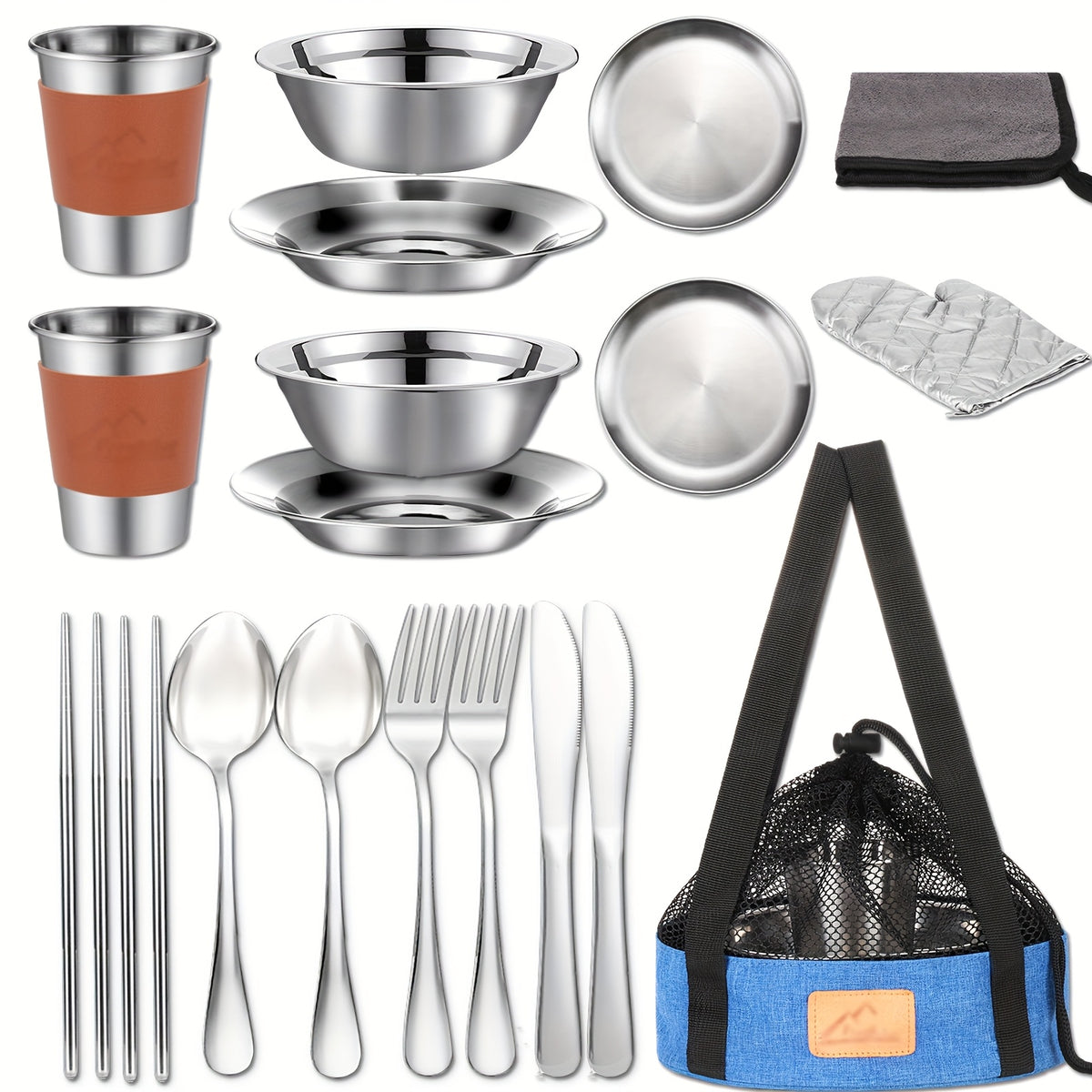 Camping Mess Kit - 23pcs Camping Dishes Camping Cookware Mess Kit Includes Cups, BOwls, Knives, Forks, Spoons, Camping Essentials Camping Dinnerware Set Camping Cooking Utensils Accessories Plates Dinnerware Set