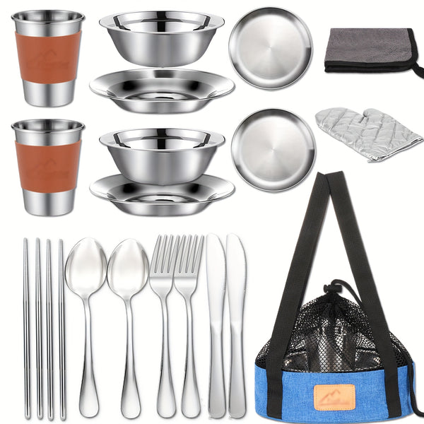 Camping Mess Kit - 23pcs Camping Dishes Camping Cookware Mess Kit Includes Cups, BOwls, Knives, Forks, Spoons, Camping Essentials Camping Dinnerware Set Camping Cooking Utensils Accessories Plates Dinnerware Set