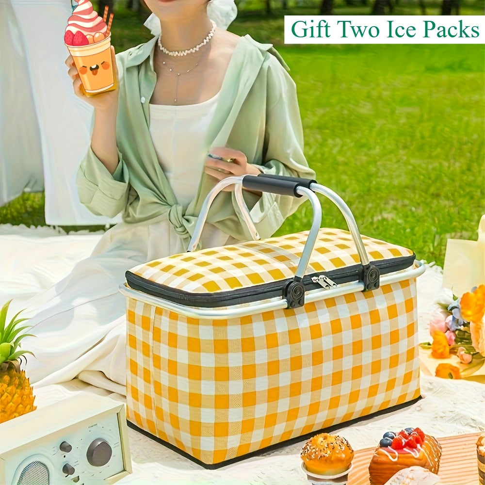 1pc of Portable Outdoor Picnic Cooler Bag with Two Ice Packs - Sturdy Steel Frame, Collapsible, Insulated Food Storage Basket Featuring a Convenient Carry Handle for Camping, Travel, And Outdoor Activities.