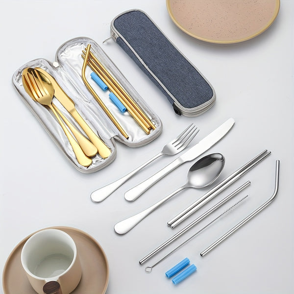 36pcs Portable Stainless Steel Flatware Set, Travel Camping Utensils Set, Portable Cutlery Travel Silverware Dinnerware Set With A Waterproof Storage Case, Lightweight Kitchen Accessories, Fork, Spoon, Knife, Chopstick, Straw, Brush, Tip