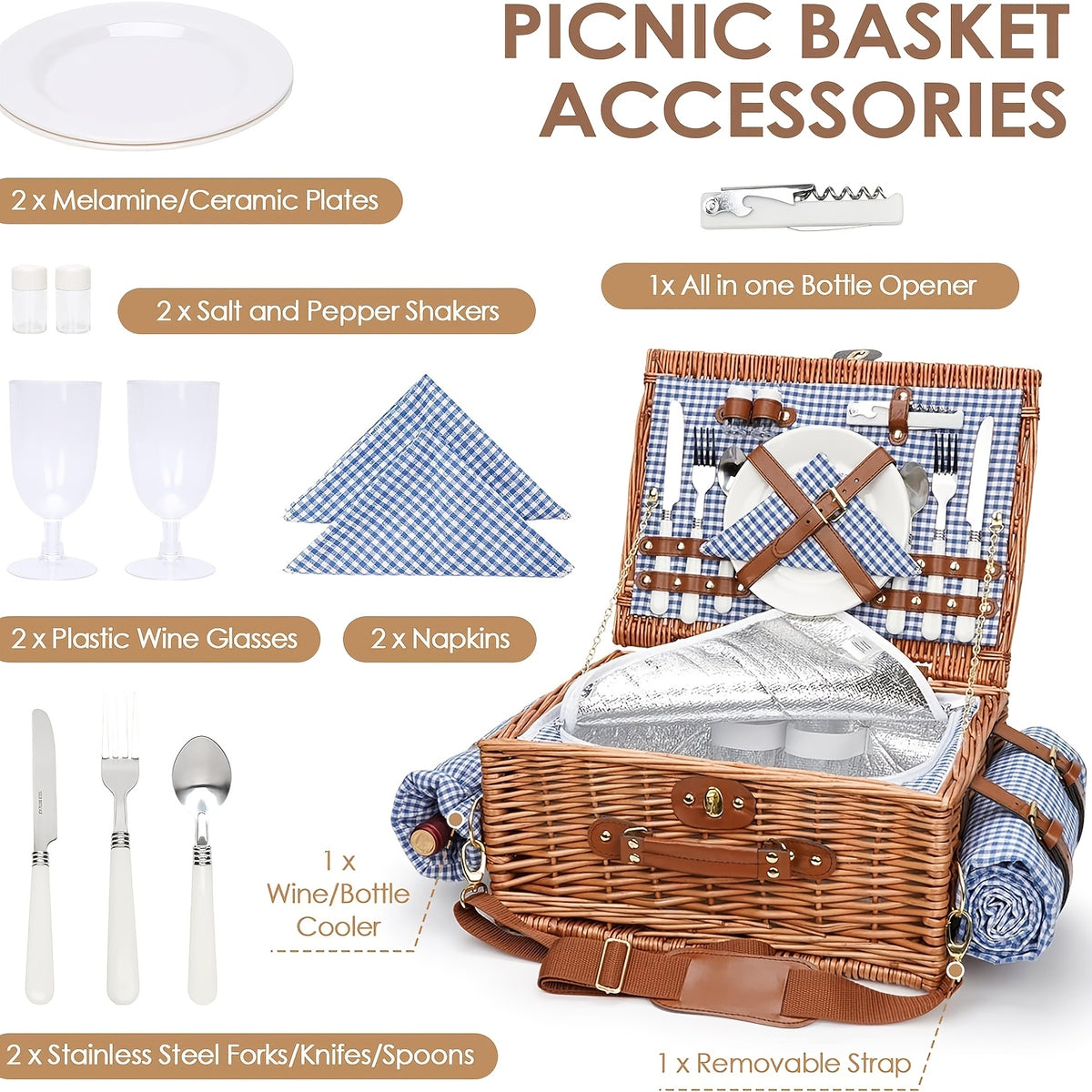Picnic Basket Set for 2 with Large Insulated Cooler Compartment, Wicker Hamper with Blanket & Washable Green\u002FGingham Checkered Mat - New Zealand Pine Wood Portable Outdoor Lunch Box for Camping, Beach, Picnic, Wine (Golden-Tone
