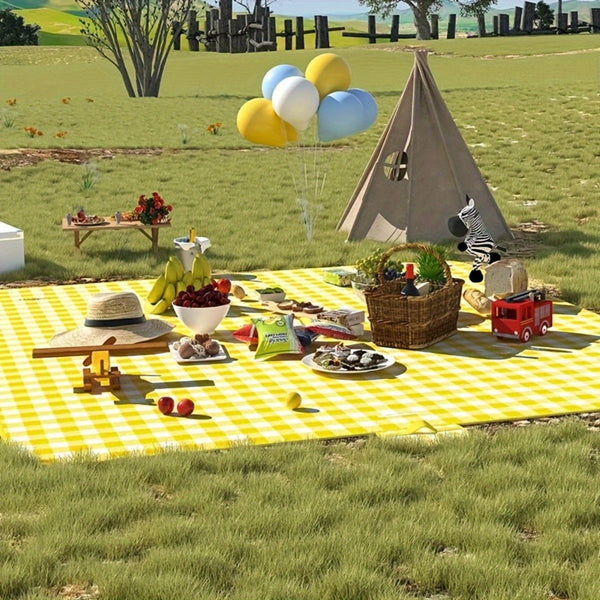 FLIXPLANY Portable Picnic Mat - Lightweight & Durable Twill Weave Outdoor Blanket with Vibrant Yellow & White Checkered Design, Easy to Clean, All-Season Use for Beach, Camping, Hiking, Picnics