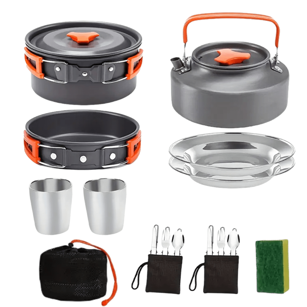 15pcs Portable Non-Stick Aluminum Alloy Camping Cookware Set - Includes 1 Kettle, 1 Frying Pan, 1 Cooking Pot, 2 Plates, 2 Cups, 6pcs Folding Knife Fork Spoon Set, 1 Scrub Sponge, 3 Black Storage Bags - Durable Kitchen Essentials for Camping