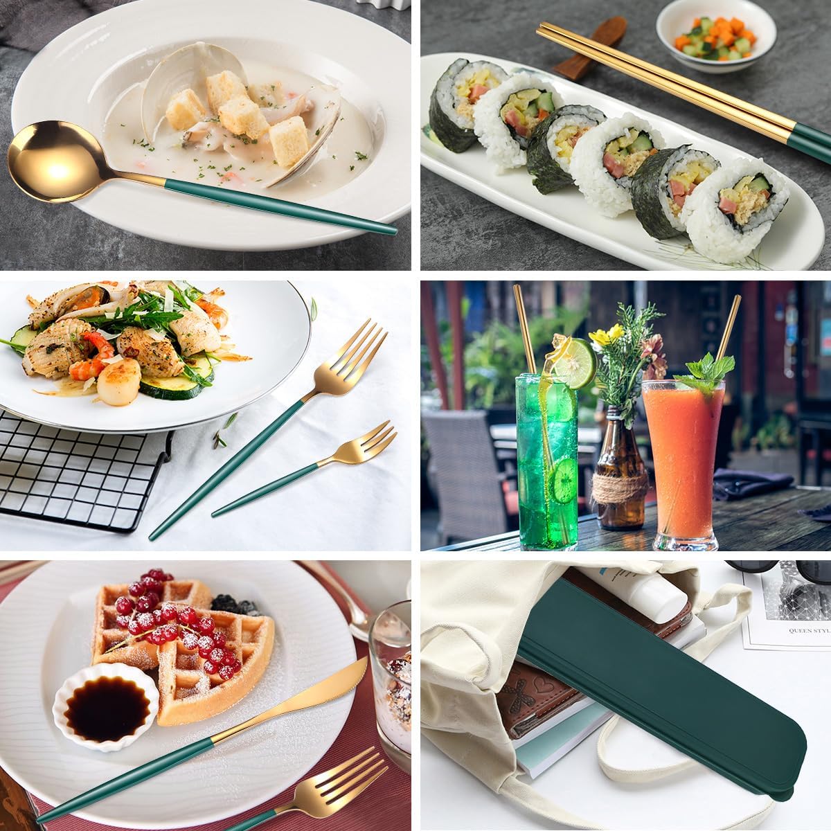 8pcs Stainless Steel Flatware Set - Portable Reusable Travel Cutlery with Chopsticks, Knife, Fork, Spoon & Cleaning Brush | Dishwasher Safe, Compact & Elegant Green & Golden Design for Camping, Office, Travel | Durable Rust-Resistant Utensils