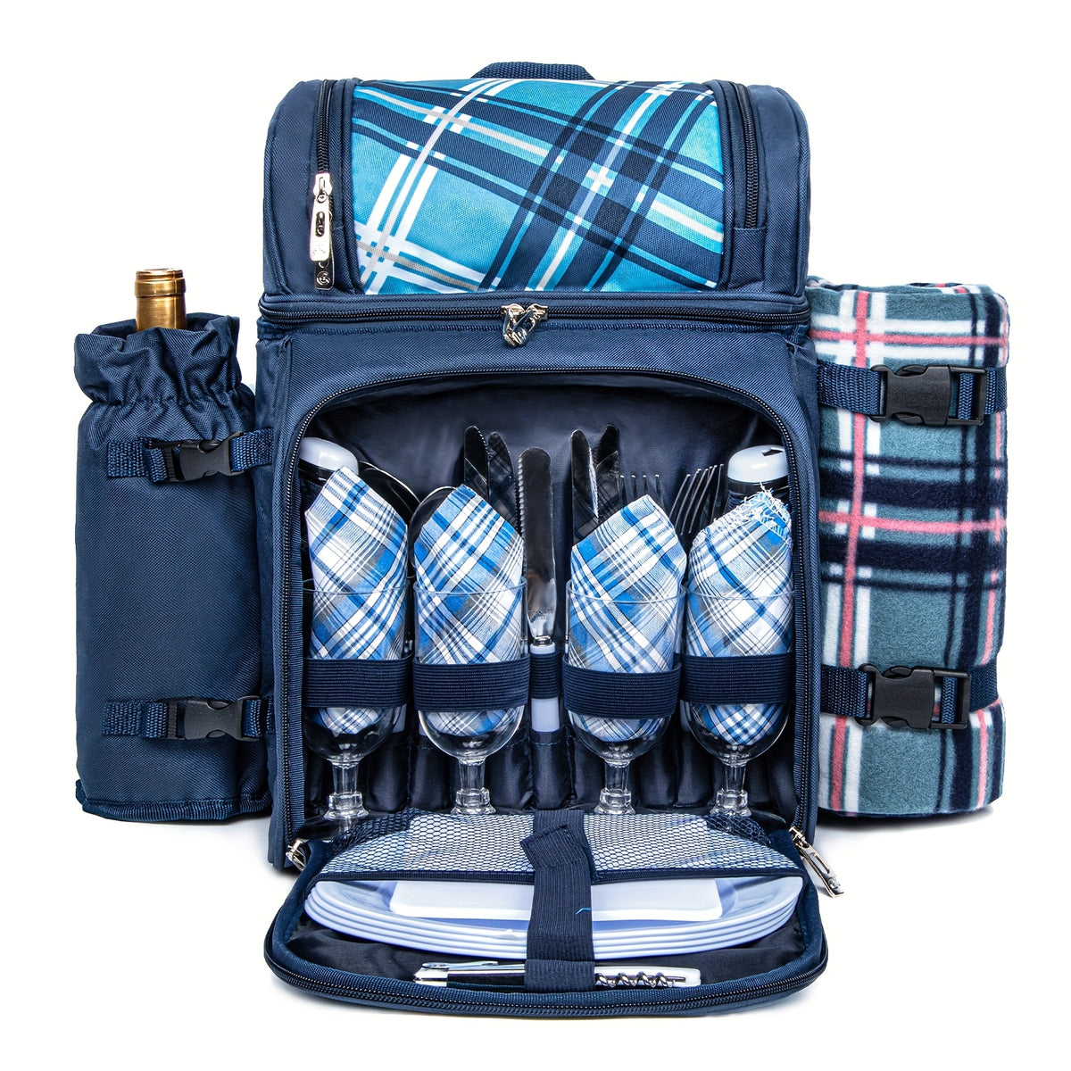 Picnic Basket Backpack With A Free Cashmere Blanket, Suitable For 2-4 People. Features An Insulated, Leak-proof, And Cooler Compartment, Wine Rack, Blanket, And Cutlery Set. A Great Winter Outing Item, Christmas Gift, New Year'S Gift, Couple'S Gift