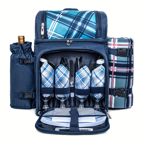 Picnic Basket Backpack With A Free Cashmere Blanket, Suitable For 2-4 People. Features An Insulated, Leak-proof, And Cooler Compartment, Wine Rack, Blanket, And Cutlery Set. A Great Winter Outing Item, Christmas Gift, New Year'S Gift, Couple'S Gift