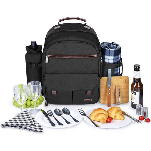2-Person Insulated Picnic Backpack with Cooler Compartment, Wine Holder, Blanket & Stainless Steel Cutlery Set - All-in-One Portable Outdoor Lunch Box for, Friends, Family - -Style Carrier (No External Cooler Needed)