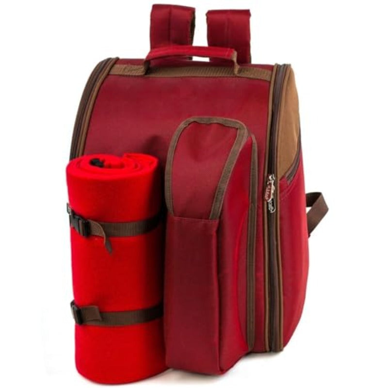 Fully Loaded Insulated Picnic Backpack with Leakproof Cooler Compartment, Fleece Blanket & Wine Holder - All-in-One Outdoor Picnic Set for 2 with Cutlery Organizer, Durable Red Backpack for Hiking, Camping, Romantic Dates - Stylish & Portable Design