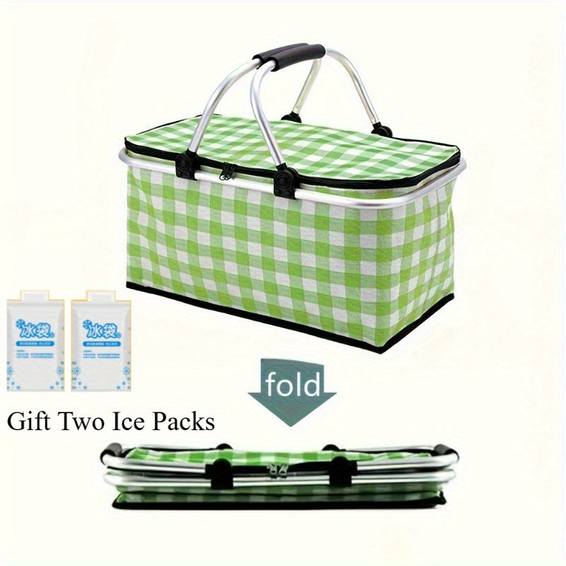 Gift Two Ice Packs1pcs Portable Outdoor Picnic Insulation Bag-Durable, Foldable, Insulated Food Storage Basket with Easy Carry Handle for Camping, Travel, and Outdoor Adventures