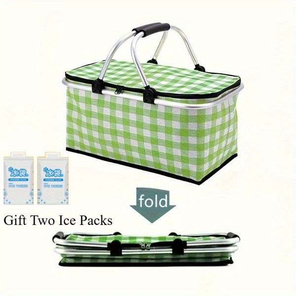 Gift Two Ice Packs1pcs Portable Outdoor Picnic Insulation Bag-Durable, Foldable, Insulated Food Storage Basket with Easy Carry Handle for Camping, Travel, and Outdoor Adventures
