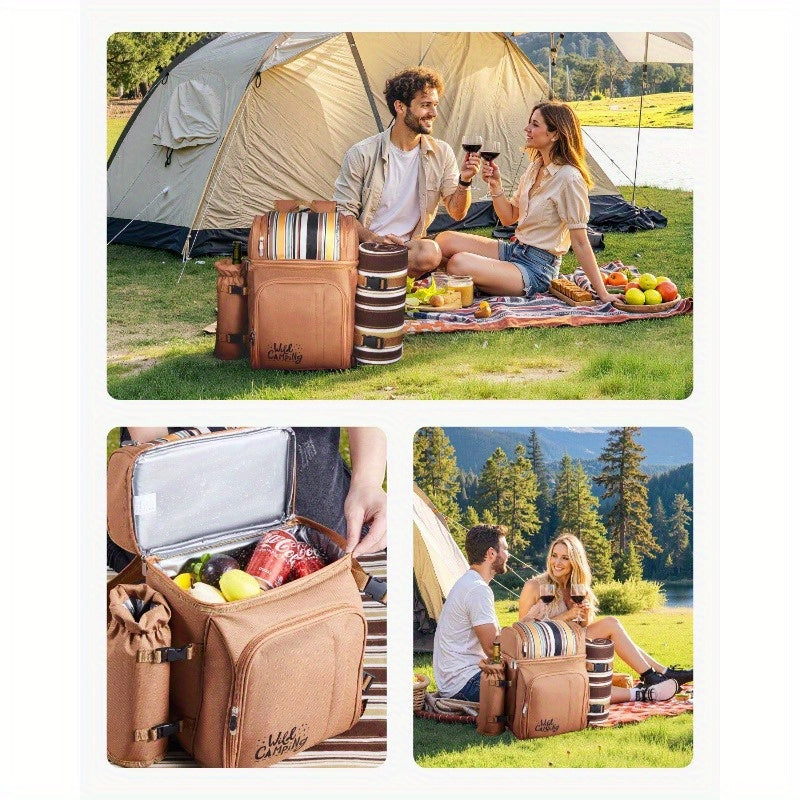 4-Person Beach Picnic Backpack with Cooler Compartment, Multiple Compartments & Detachable Cooler Bag - Includes Utensils, Plates, Napkins, Wine Bottle Holder - Durable Brown Striped Design for Outdoor, Camping, Family Outings