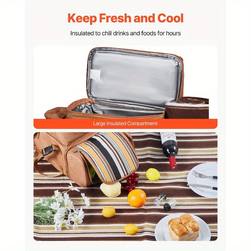 4-Person Beach Picnic Backpack with Cooler Compartment, Multiple Compartments & Detachable Cooler Bag - Includes Utensils, Plates, Napkins, Wine Bottle Holder - Durable Brown Striped Design for Outdoor, Camping, Family Outings