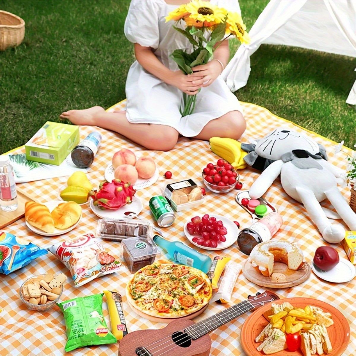 FLIXPLANY Portable Picnic Mat - Lightweight & Durable Twill Weave Outdoor Blanket with Vibrant Yellow & White Checkered Design, Easy to Clean, All-Season Use for Beach, Camping, Hiking, Picnics