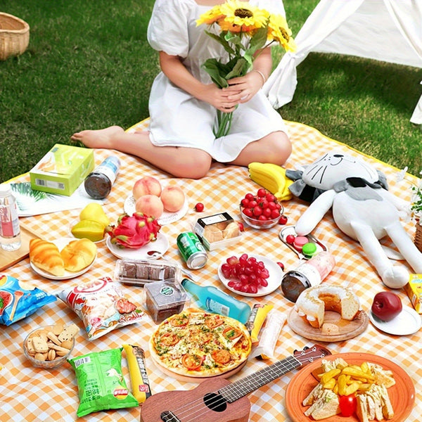 FLIXPLANY Portable Picnic Mat - Lightweight & Durable Twill Weave Outdoor Blanket with Vibrant Yellow & White Checkered Design, Easy to Clean, All-Season Use for Beach, Camping, Hiking, Picnics