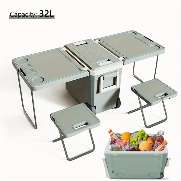 32L Camping Cooler, Portable Cooling Box, Suitable For Barbecue, Camping, Picnicking, And Other Outdoor Activities. Comes With A Folding Table And 2 Folding Chairs