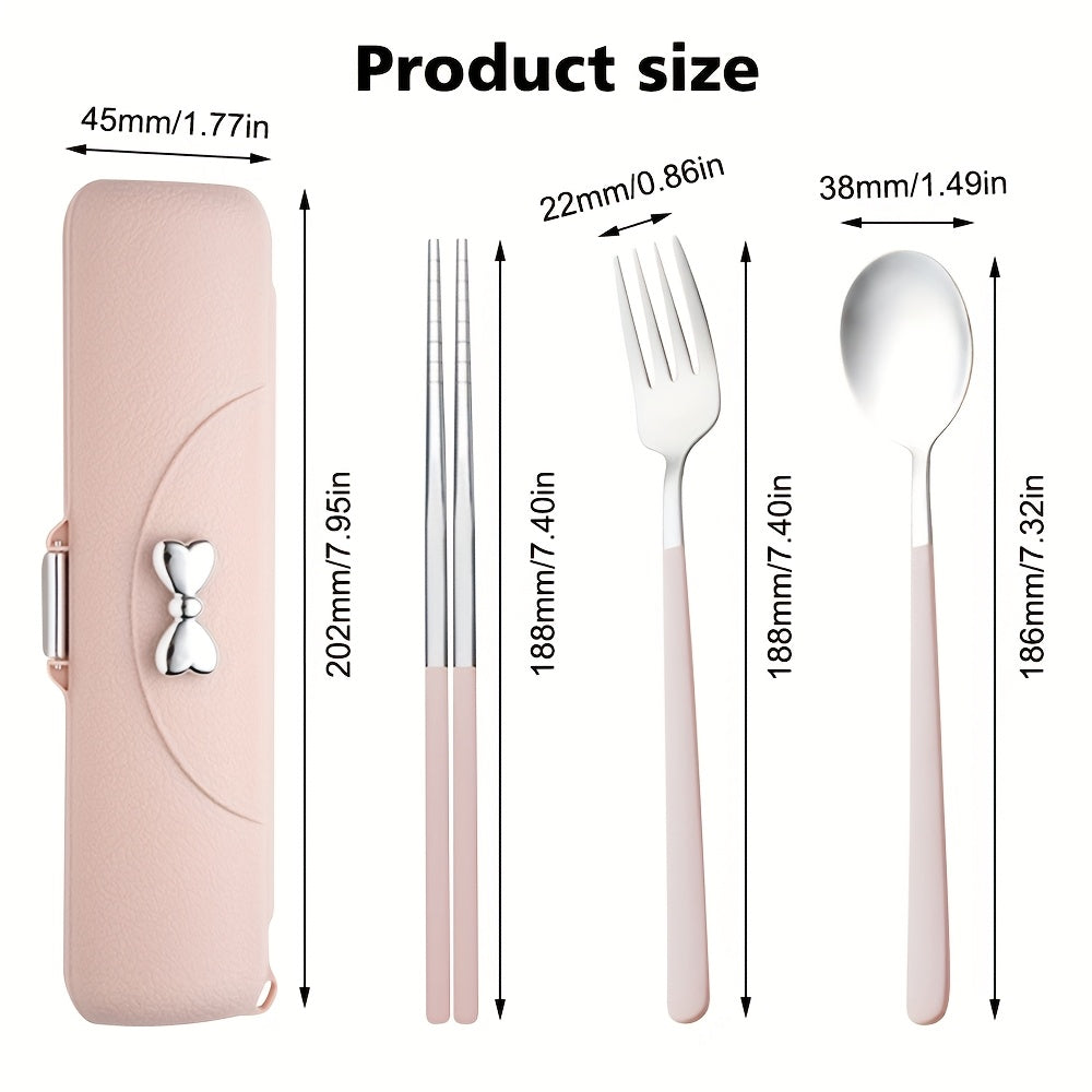 8pcs 304 Stainless Steel Portable Cutlery Set with Storage Box - -Friendly Hygienic Travel Tableware (Chopsticks, Spoon, Fork) in Pink Case with Lid for School Lunches, Camping, Picnic - Food-Grade Durable Utensils