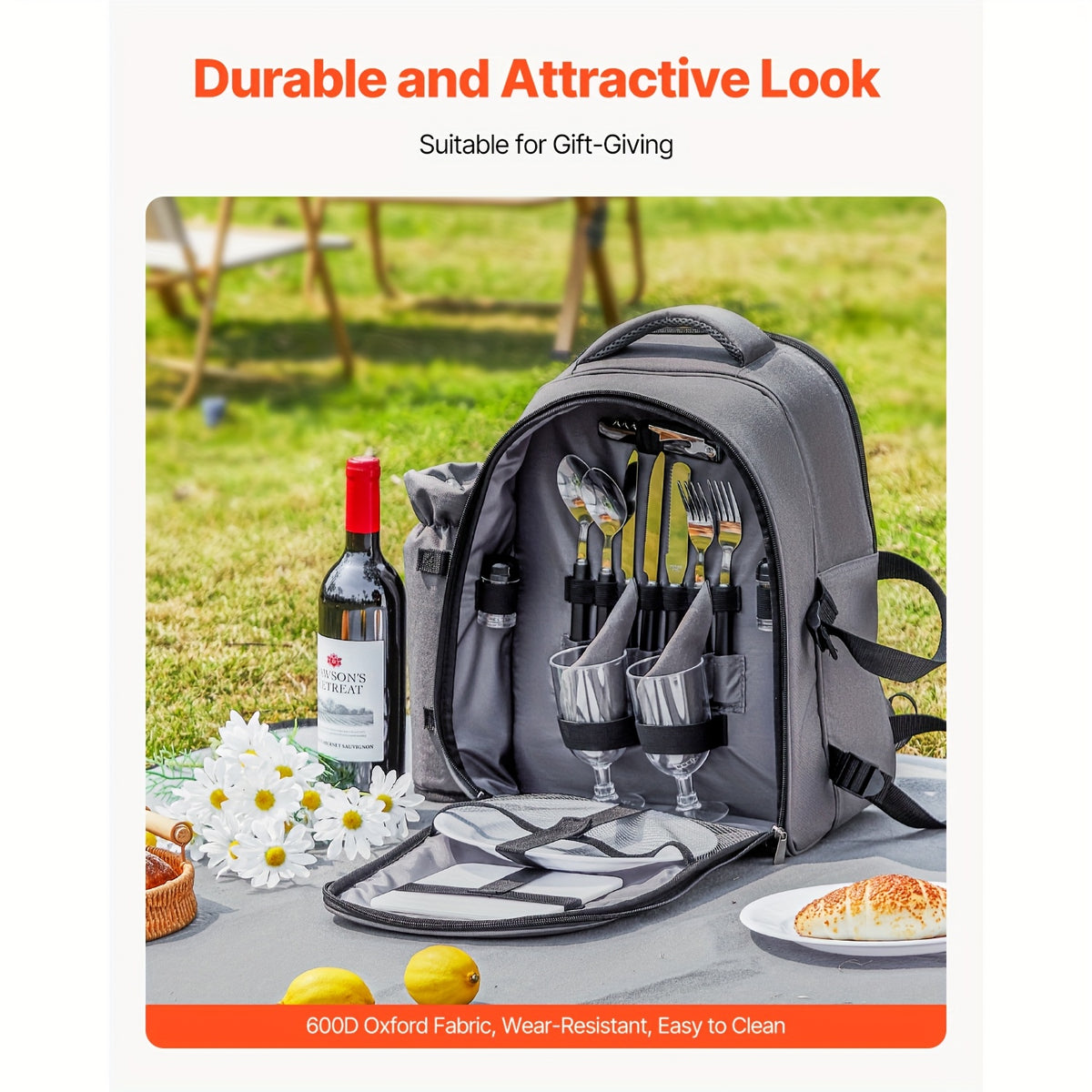 Happybuy 2-Person\u002F4-person Picnic Backpack with Insulated Compartment And Complete Dining Set Ideal for Hiking, Camping And Beach Trips In Grey\u002Fblue