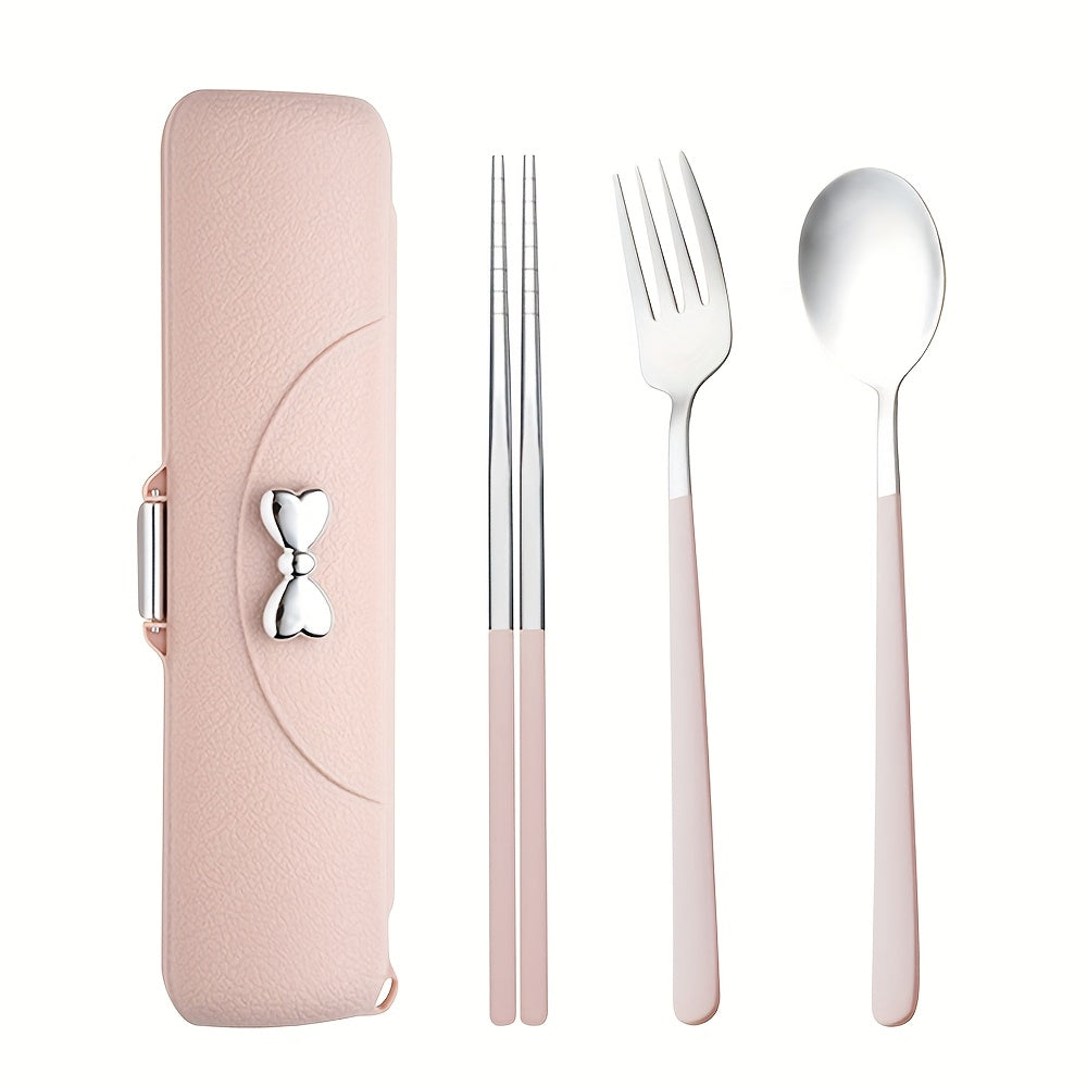 8pcs 304 Stainless Steel Portable Cutlery Set with Storage Box - -Friendly Hygienic Travel Tableware (Chopsticks, Spoon, Fork) in Pink Case with Lid for School Lunches, Camping, Picnic - Food-Grade Durable Utensils