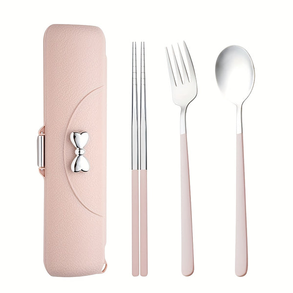 8pcs 304 Stainless Steel Portable Cutlery Set with Storage Box - -Friendly Hygienic Travel Tableware (Chopsticks, Spoon, Fork) in Pink Case with Lid for School Lunches, Camping, Picnic - Food-Grade Durable Utensils