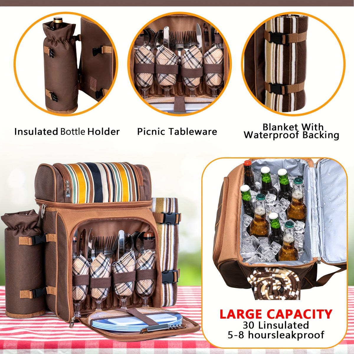 Picnic Basket Backpack With A Free Cashmere Blanket, Suitable For 2-4 People. Features An Insulated, Leak-proof, And Cooler Compartment, Wine Rack, Blanket, And Cutlery Set. A Great Winter Outing Item, Christmas Gift, New Year'S Gift, Couple'S Gift