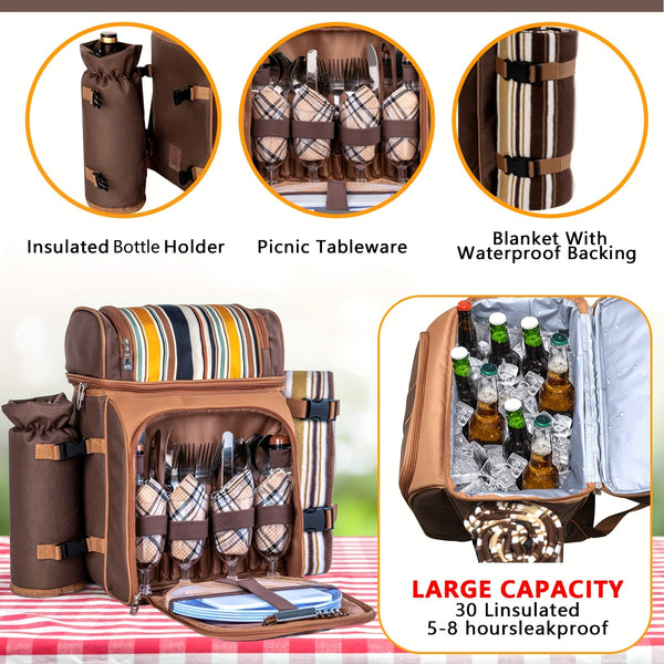 Picnic Basket Backpack With A Free Cashmere Blanket, Suitable For 2-4 People. Features An Insulated, Leak-proof, And Cooler Compartment, Wine Rack, Blanket, And Cutlery Set. A Great Winter Outing Item, Christmas Gift, New Year'S Gift, Couple'S Gift