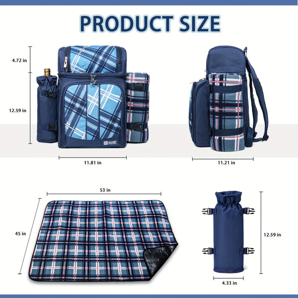 Free Fleece Blanket Included 2-4 Person Picnic Basket Backpack With Insulated, Leak-proof, Cooler Compartment, Wine Rack, Fleece Blanket, And Cutlery Set. Suitable For Both Men And Women. Perfect Thanksgiving, Christmas, And New Year'S Gift.