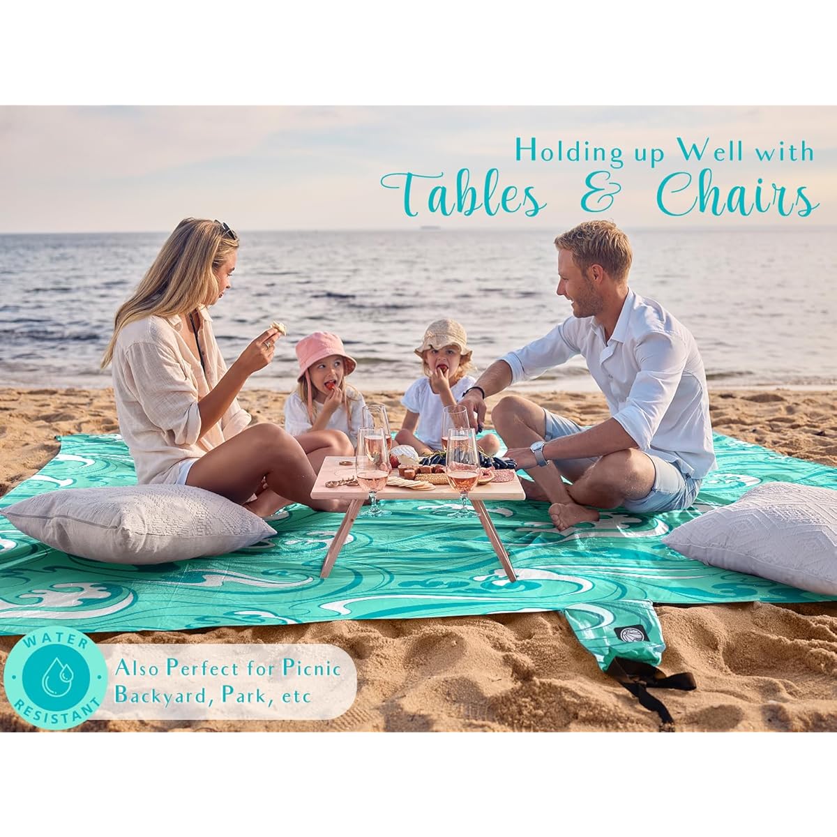 WEKAPO Oversized Extra Large High Quality Beach Blanket & Mat - 11x9ft Turquoise Ocean Waves Sand-Free, with Stakes & Storage Bag, Heavy-Duty for 10 People, Picnic, Pool, Camping - Lightweight for s,, Seniors (Microfiber)