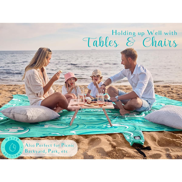WEKAPO Oversized Extra Large High Quality Beach Blanket & Mat - 11x9ft Turquoise Ocean Waves Sand-Free, with Stakes & Storage Bag, Heavy-Duty for 10 People, Picnic, Pool, Camping - Lightweight for s,, Seniors (Microfiber)