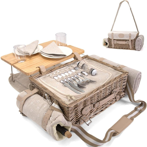 Multifunctional Wicker Picnic Basket Set for 2 with Insulated Table & Blanket - All-in-One Outdoor Dining Set with Full Tableware (Plates, Bowls, Glasses, Cutlery) - Portable Wicker Storage with Side Tables, Durable Wicker Construction & Comfortable