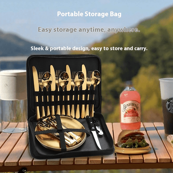 10pcs\u002F 20pcs Camping Utensils Set, Food-Grade 304 Stainless Steel Silverware & Plates, Dishwasher Safe, Heavy-Duty with Storage Pouch for Camping, Picnic, BBQ, Portable Eating Tools, Picnic Utensils Kit, Reusable Outdoor Cutlery, Heavy-Duty