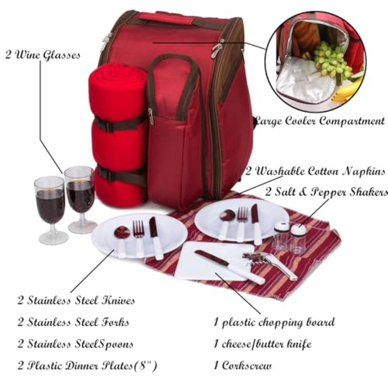 Fully Loaded Insulated Picnic Backpack with Leakproof Cooler Compartment, Fleece Blanket & Wine Holder - All-in-One Outdoor Picnic Set for 2 with Cutlery Organizer, Durable Red Backpack for Hiking, Camping, Romantic Dates - Stylish & Portable Design