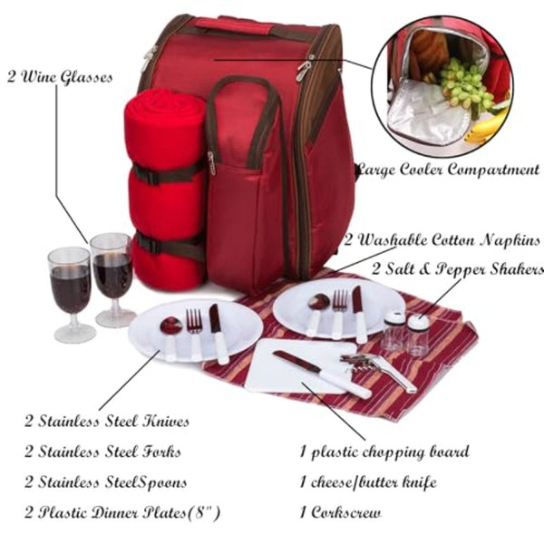 Fully Loaded Insulated Picnic Backpack with Leakproof Cooler Compartment, Fleece Blanket & Wine Holder - All-in-One Outdoor Picnic Set for 2 with Cutlery Organizer, Durable Red Backpack for Hiking, Camping, Romantic Dates - Stylish & Portable Design