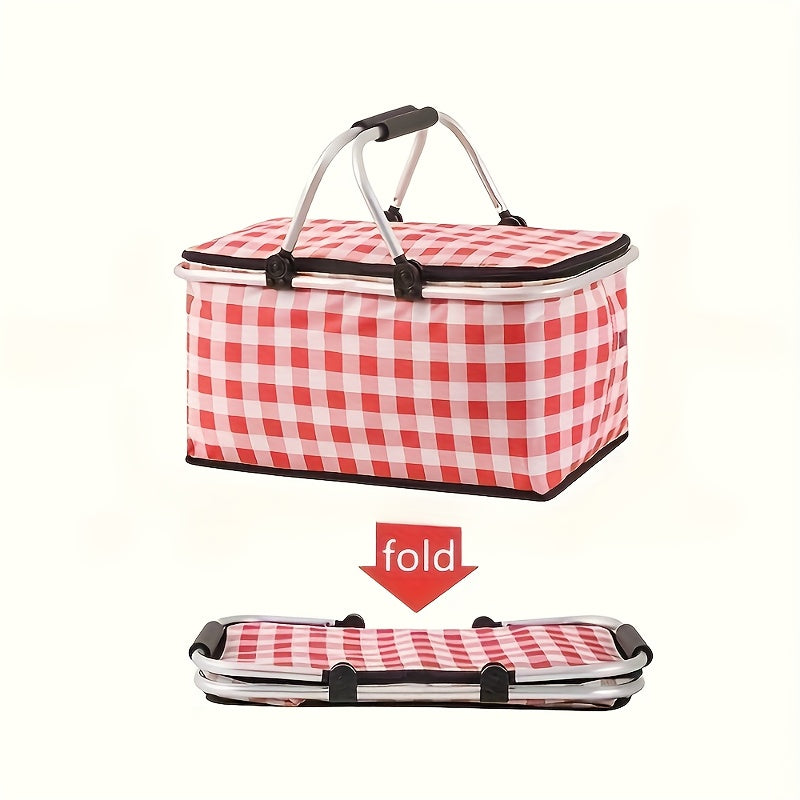 1pc of Portable Outdoor Picnic Cooler Bag with Two Ice Packs - Sturdy Steel Frame, Collapsible, Insulated Food Storage Basket Featuring a Convenient Carry Handle for Camping, Travel, And Outdoor Activities.