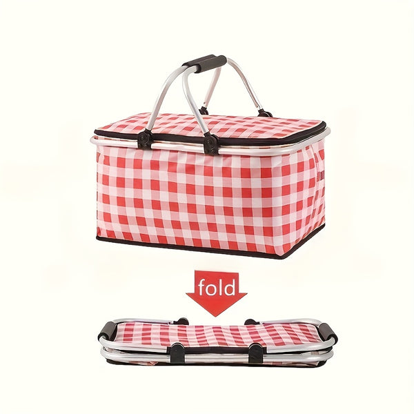 1pc of Portable Outdoor Picnic Cooler Bag with Two Ice Packs - Sturdy Steel Frame, Collapsible, Insulated Food Storage Basket Featuring a Convenient Carry Handle for Camping, Travel, And Outdoor Activities.