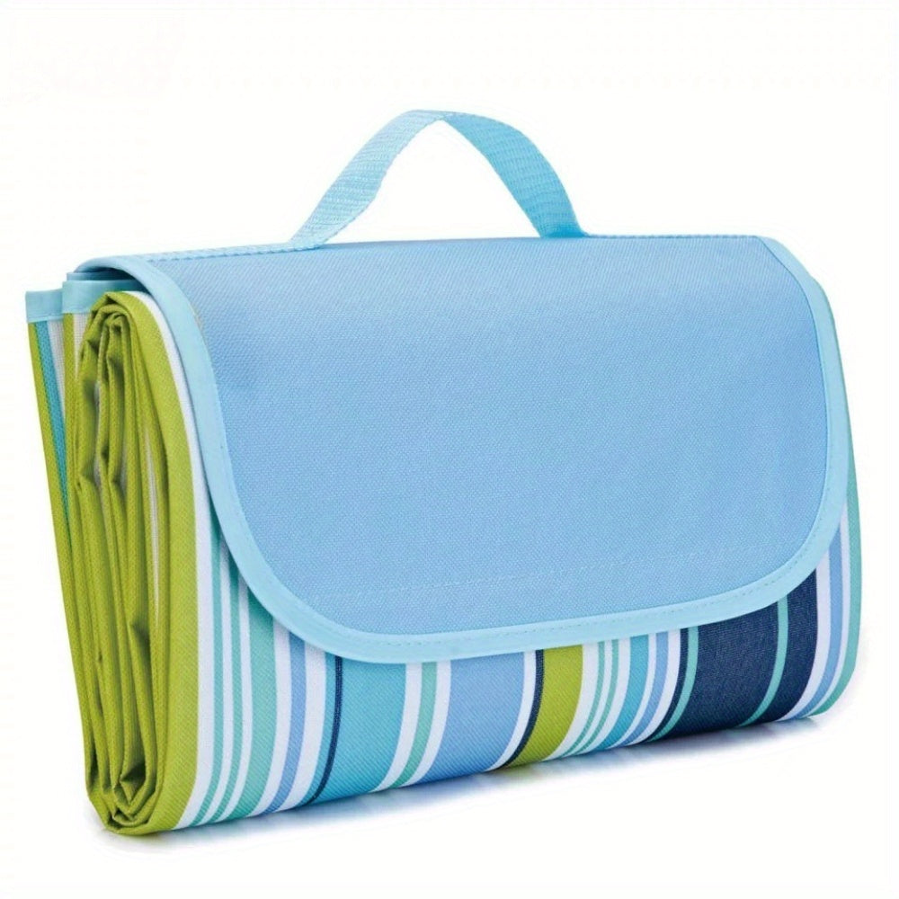 Heavy-Duty Picnic Blanket Heavy-Duty Extra Wide High Quality Picnic Blanket - All-Weather Outdoor Mat with Carry Handles, Non-Slip Beach, Camping, Tailgating Blanket - Blue & Green Striped for Grass, Park, Tent - Hand Wash Only, Picnic Mat, Grass Protecti