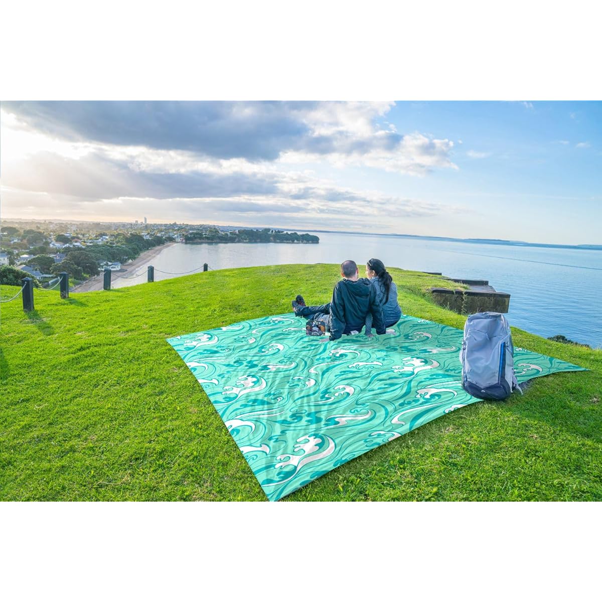 WEKAPO Oversized Extra Large High Quality Beach Blanket & Mat - 11x9ft Turquoise Ocean Waves Sand-Free, with Stakes & Storage Bag, Heavy-Duty for 10 People, Picnic, Pool, Camping - Lightweight for s,, Seniors (Microfiber)